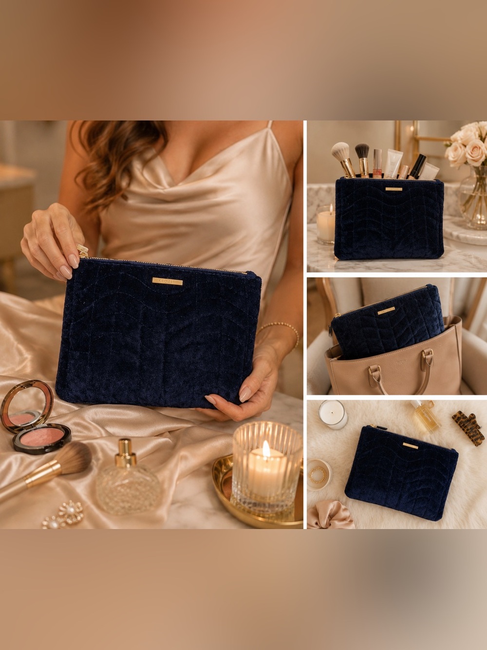 Kestrel- NWT  Navy Blue Velvet Quilted Pouch / Cosmetic Bag